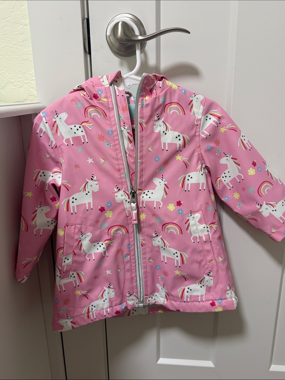 Pink Platinum Pink Unicorn Hooded Raincoat with Rainbows